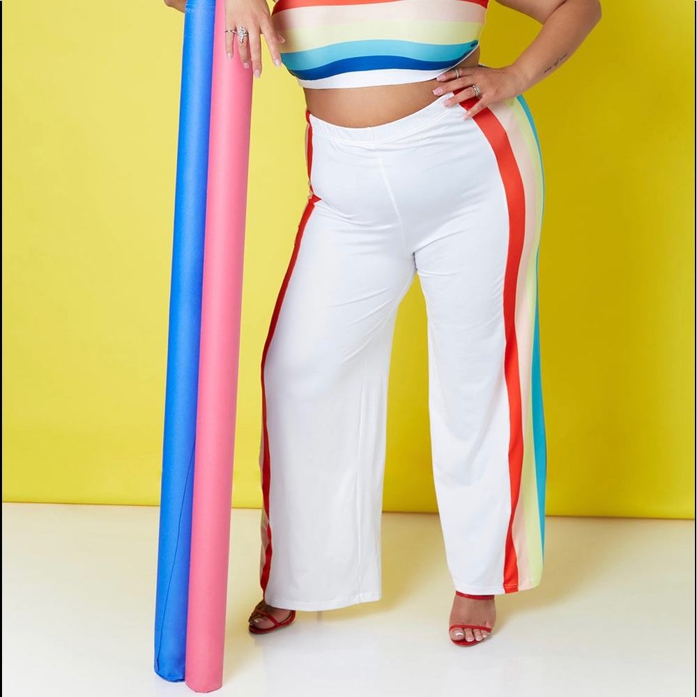 Rebdolls White Wide Leg Pants with Multicolor Side Stripes - Picture 5 of 7